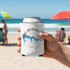 White can cooler held on beach with "Lake Rayburn Arkansas" text and compass design.