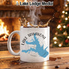 White mug with Lake Tawakoni map and Texas text, steam rising.