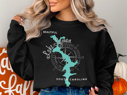 Black sweatshirt with a turquoise Lake Lyman map and compass design.