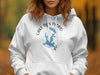 White hoodie with Lake Don Pedro California map and compass graphic.