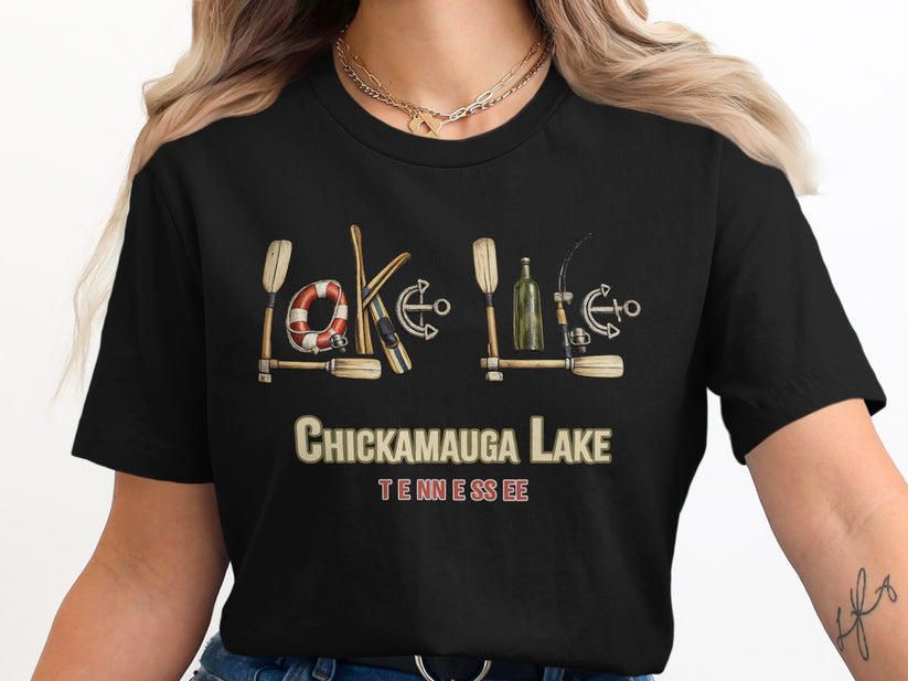Black t-shirt with "Chickamauga Lake" and lake-themed graphic.
