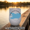 A white insulated wine tumbler featuring a blue map of Manasquan Reservoir sits on a wooden dock.