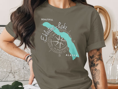 T-shirt with map and compass graphic of Eklutna Lake, Alaska