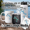 Jordan Lake branded mug, tumbler, water bottle, and a coaster on a wooden surface.