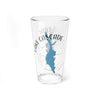 Clear glass pint glass with blue Lake Cascade map and compass rose graphic.