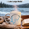 White mug with "Summersville Lake West Virginia" design and steam rising.