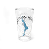 Clear glass pint glass with blue Lake Winnisquam map and compass design.