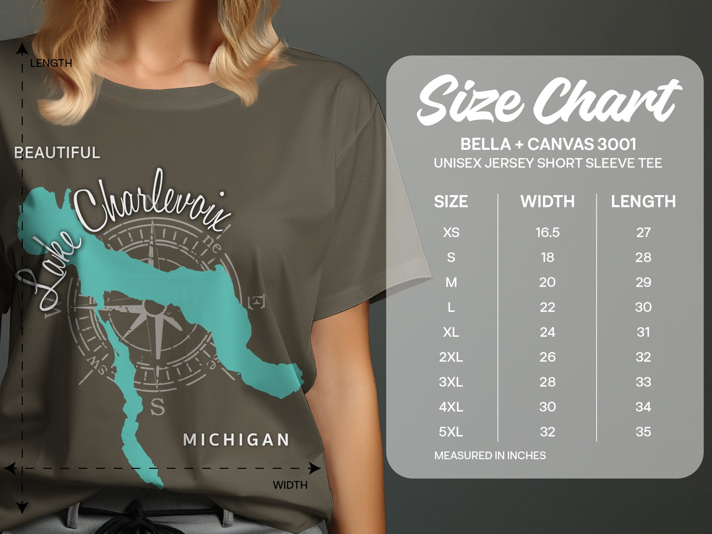 T-shirt size chart for Bella + Canvas 3001 unisex short sleeve tee.