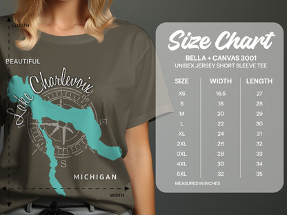 T-shirt size chart for Bella + Canvas 3001 unisex short sleeve tee.