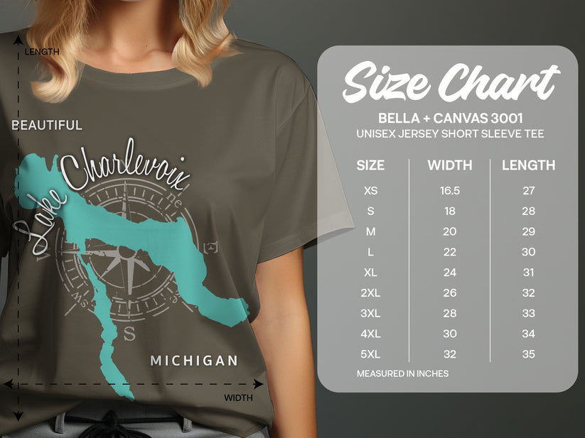 T-shirt size chart for Bella + Canvas 3001 unisex short sleeve tee.