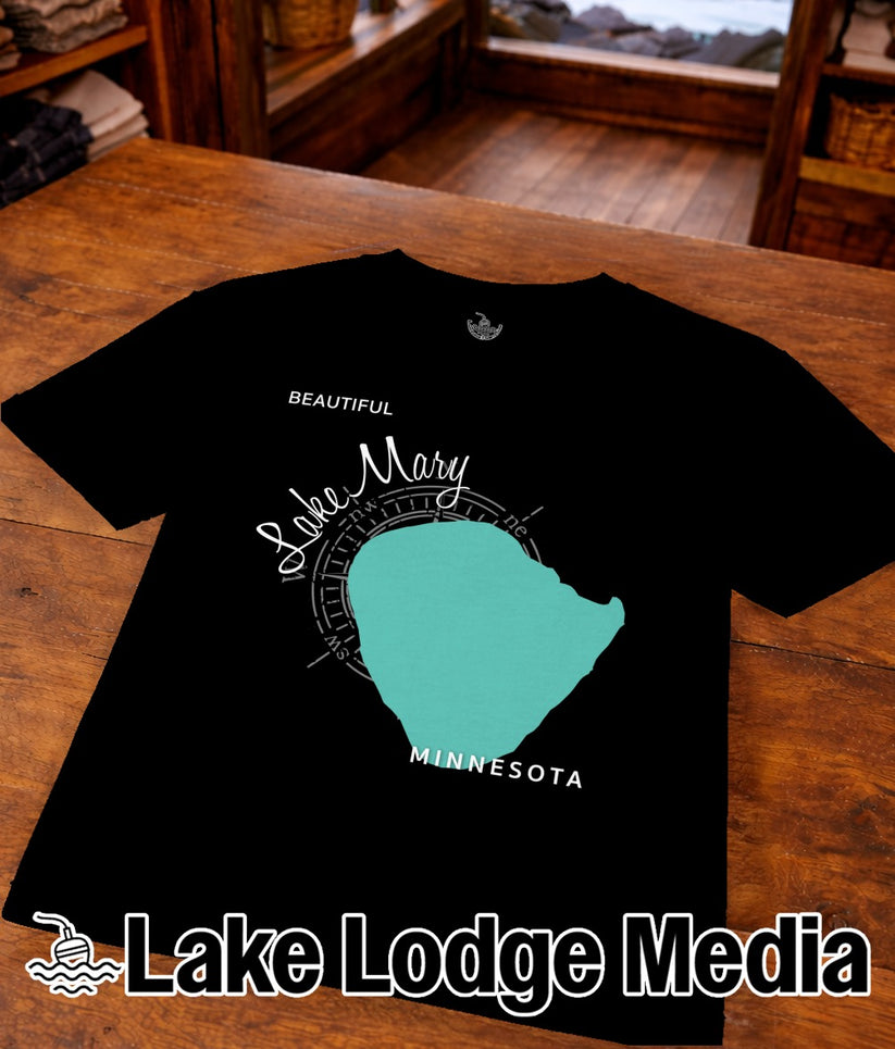 Black t-shirt with "Beautiful Lake Mary Minnesota" text and outline.