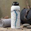 White water bottle with blue lake map design and compass graphic.
