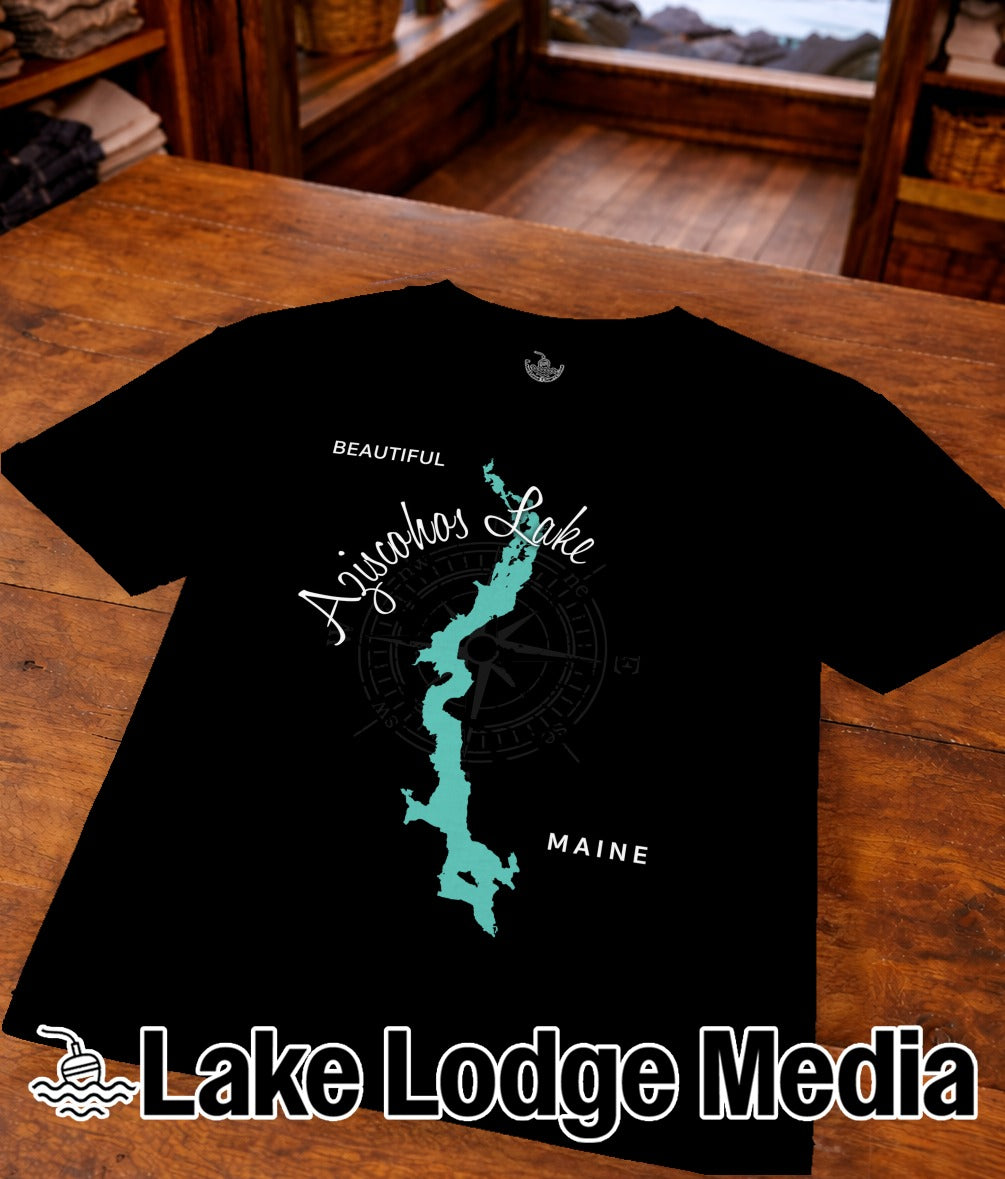 Black t-shirt with "Beautiful Aziscohos Lake Maine" map graphic and compass.