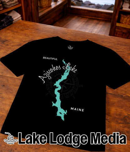 Black t-shirt with "Beautiful Aziscohos Lake Maine" map graphic and compass.