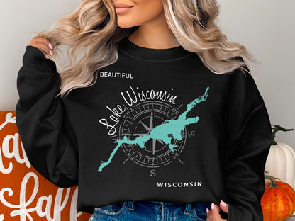 Black sweatshirt with "Beautiful Lake Wisconsin" and compass design.