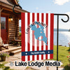 Red and white striped garden flag with "Lake Kissimmee Florida" and "The Smith Family" text.