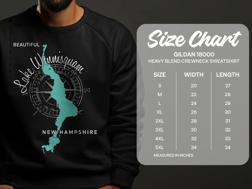 Gildan 18000 sweatshirt size chart with Lake Winnisquam graphic.