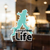 Turquoise silhouette of lake over black text "Longview Life".