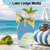 Glass of lemonade with lime and mint, "Lake Manawa" text, beach background.