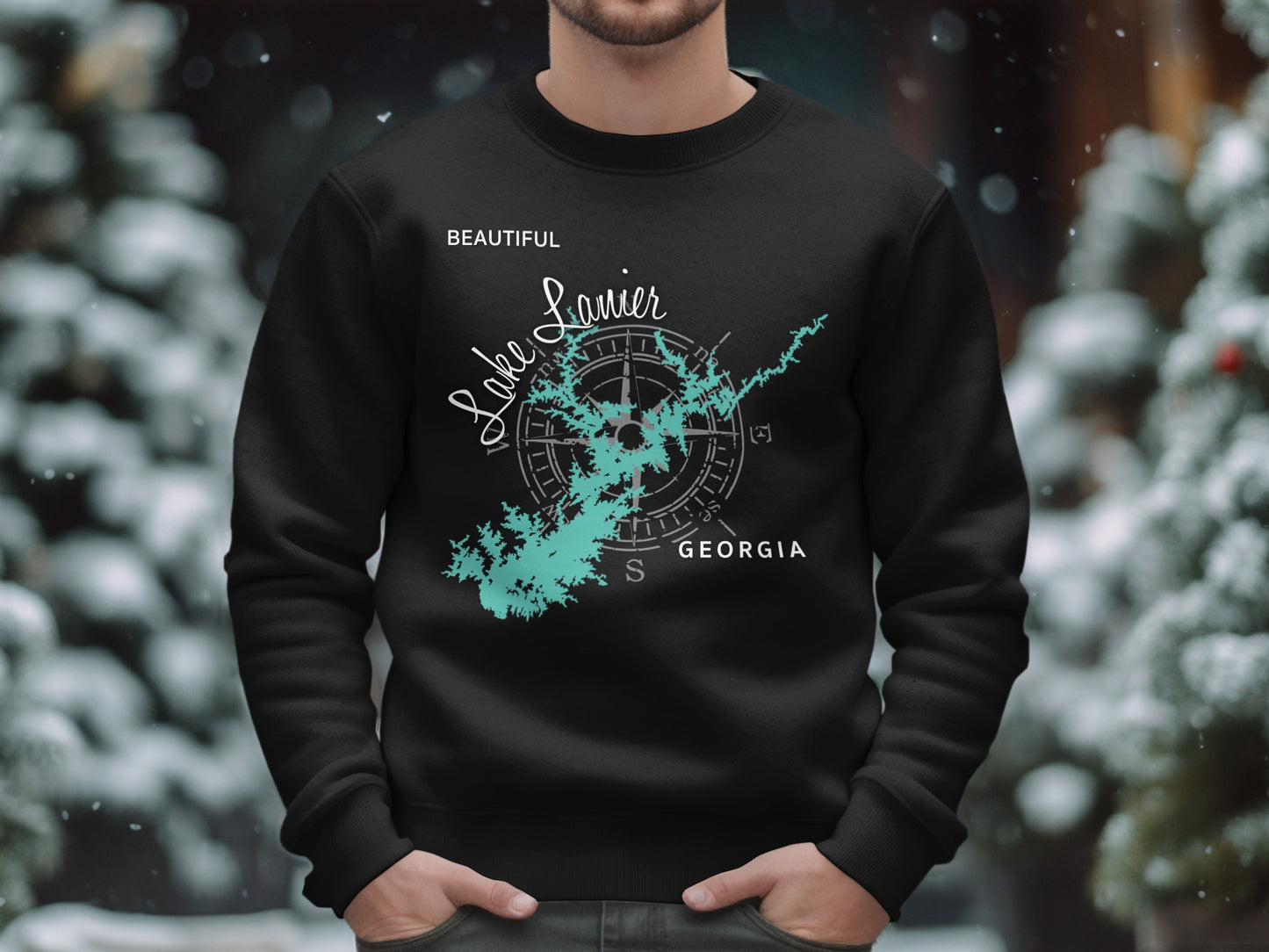 Black sweatshirt featuring a teal map of Lake Lanier, Georgia with compass rose.