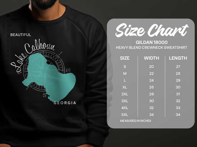 Lake Calhoun, Georgia map graphic on black sweatshirt, with Gildan 18000 size chart.
