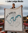 Fringed throw with Lake Rabun map and compass rose design, Georgia.