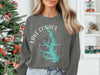 Gray sweatshirt with Lake Conroe map, compass, and Texas text design.