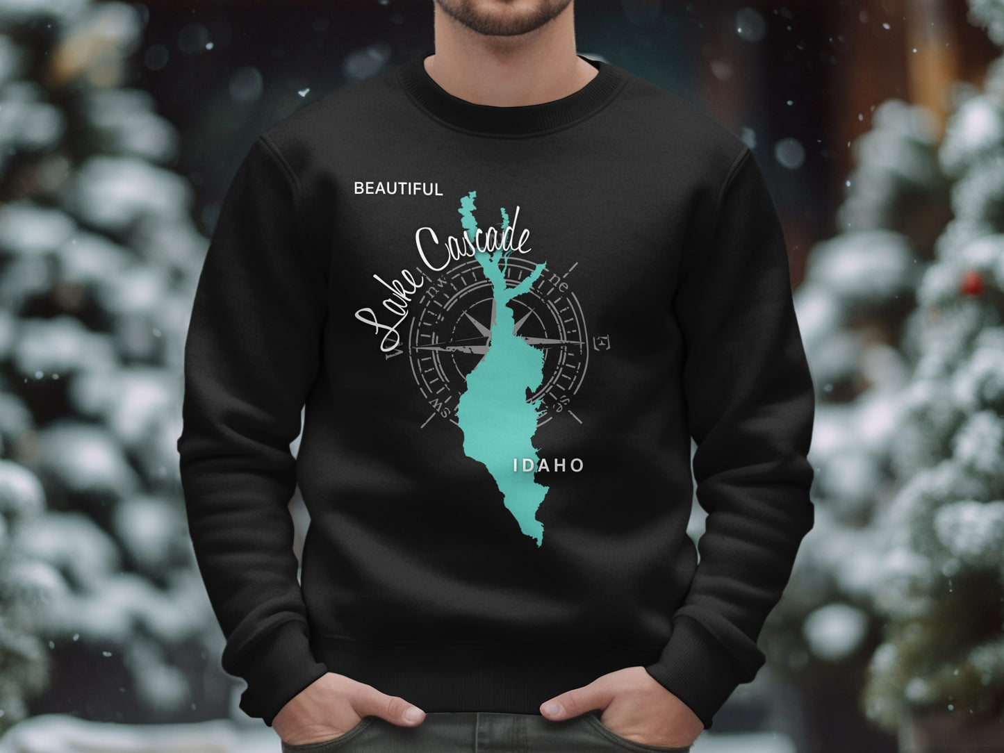 Black sweatshirt with "Beautiful Lake Cascade Idaho" and compass design.