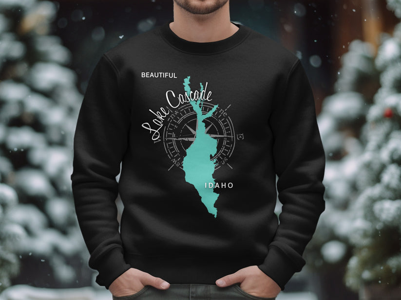 Black sweatshirt with "Beautiful Lake Cascade Idaho" and compass design.