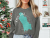 Gray sweatshirt with turquoise Cain Lake map and compass design.