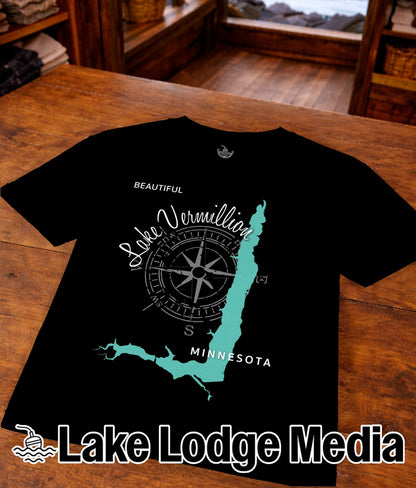 Black t-shirt with "Beautiful Lake Vermillion Minnesota" and compass design.