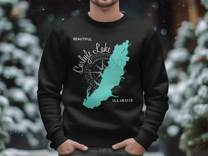 Black sweatshirt with turquoise map of Carlyle Lake, Illinois and compass rose.