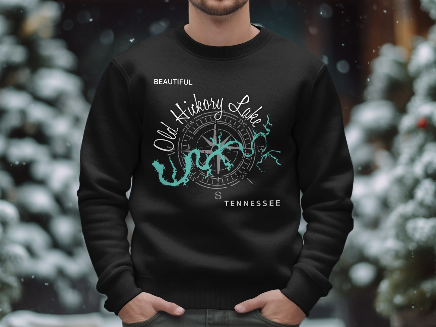 Black sweatshirt with a teal map and compass design of Old Hickory Lake, Tennessee.