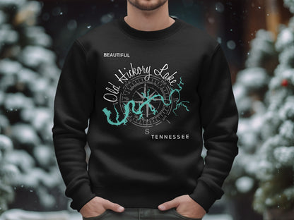Black sweatshirt with a teal map and compass design of Old Hickory Lake, Tennessee.