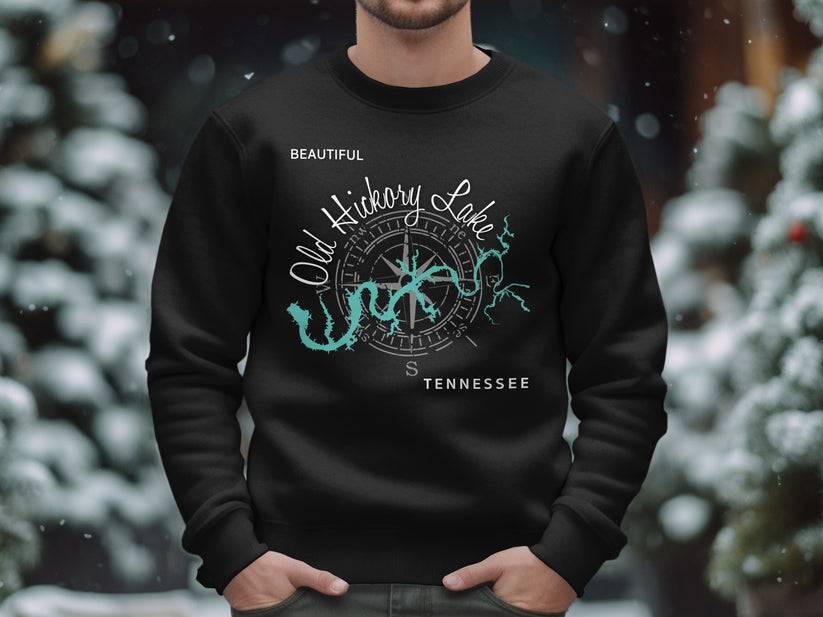 Black sweatshirt with a teal map and compass design of Old Hickory Lake, Tennessee.
