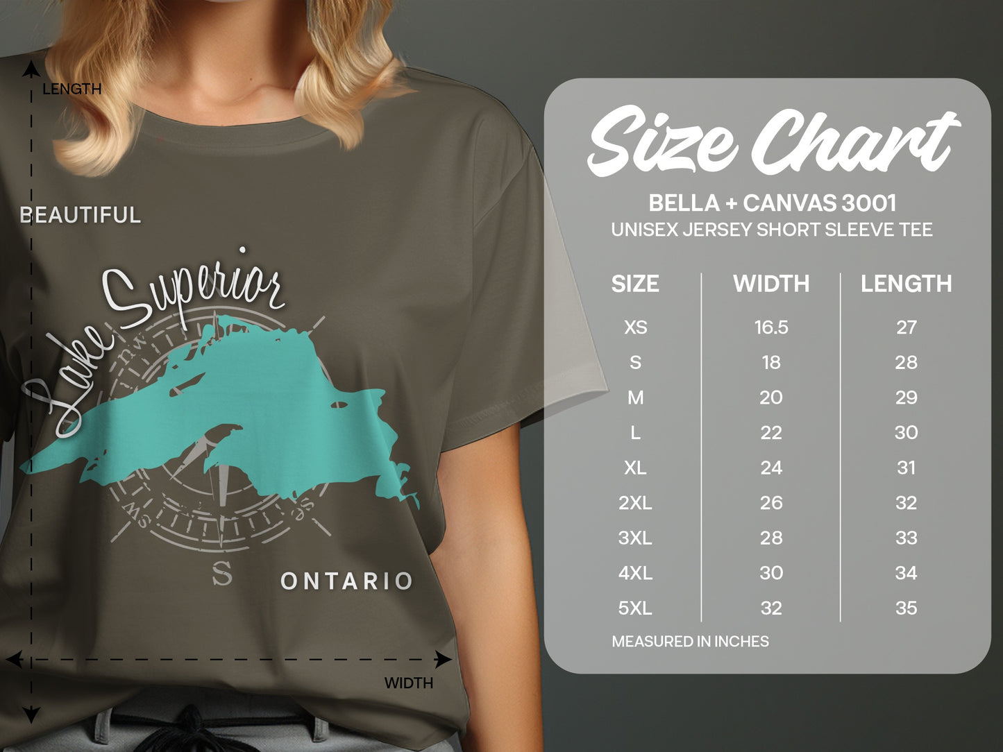 Bella + Canvas 3001 unisex t-shirt size chart with Lake Superior graphic.