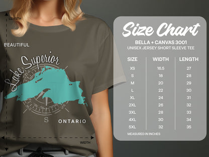 Bella + Canvas 3001 unisex t-shirt size chart with Lake Superior graphic.