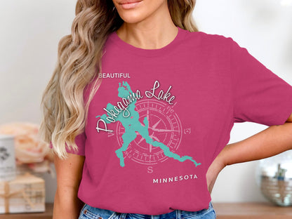 Teal Pokegama Lake Minnesota graphic on a pink t-shirt.
