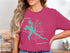 Teal Pokegama Lake Minnesota graphic on a pink t-shirt.