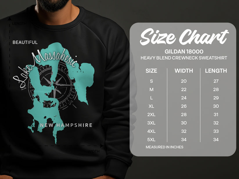 Lake Massabesic, New Hampshire graphic on a Gildan 18000 sweatshirt size chart.