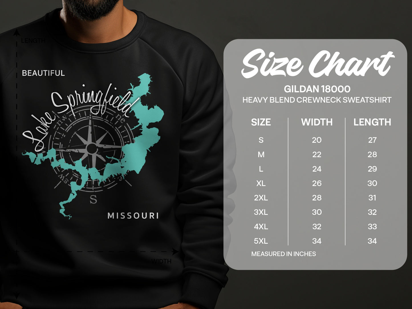 Crewneck sweatshirt with Lake Springfield Missouri map and size chart.