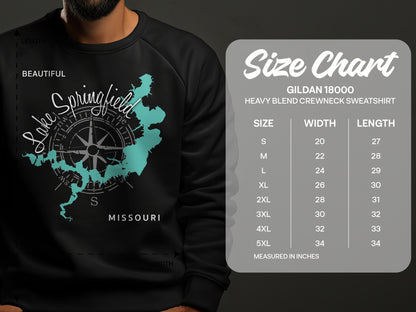 Crewneck sweatshirt with Lake Springfield Missouri map and size chart.