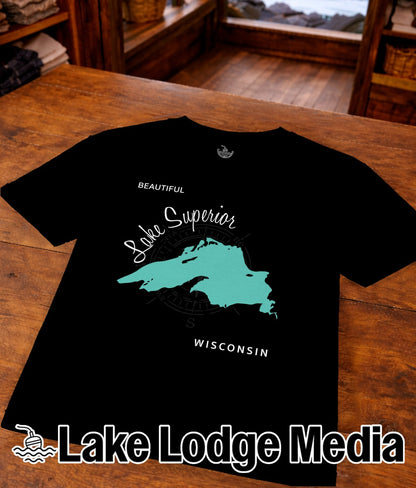 Black t-shirt with "Beautiful Lake Superior Wisconsin" text and map.