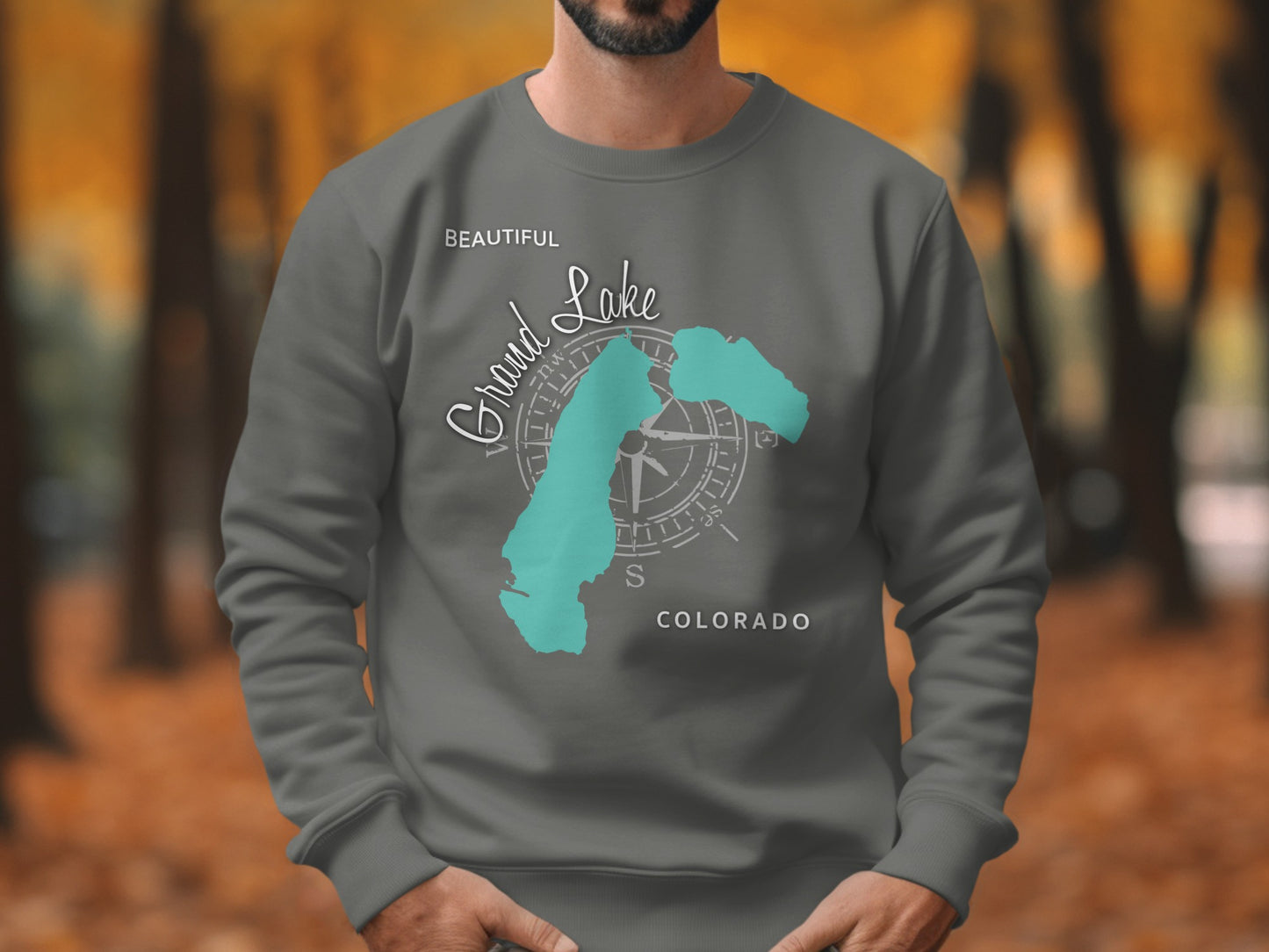 Gray sweatshirt with a teal Grand Lake Colorado map and compass design.