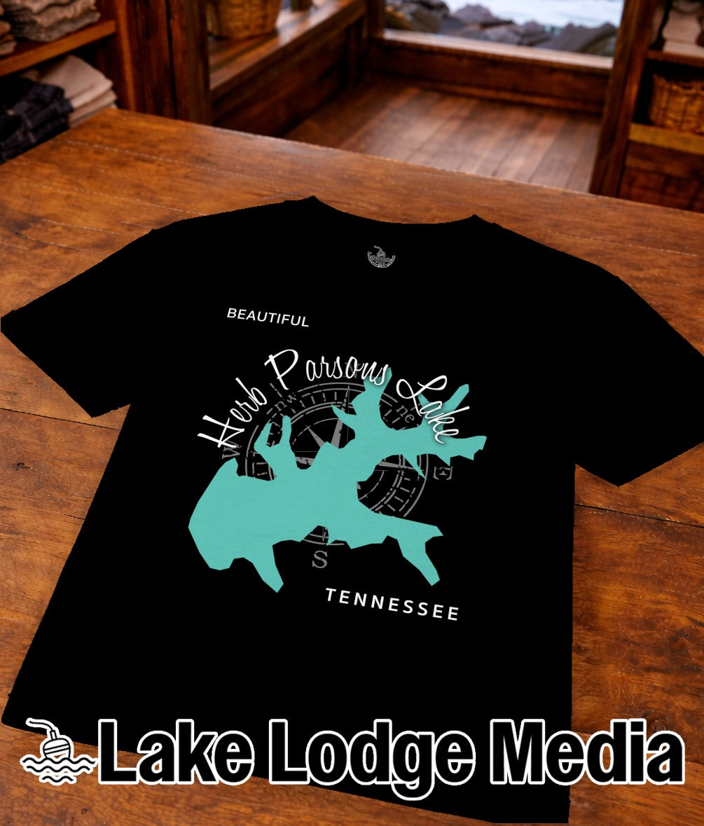 Black t-shirt with a teal map outline of a lake and "Herb Parsons Lake Tennessee" text.