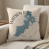 Pillow with "Watson Lake Arizona" text and lake silhouette on a light fabric background.