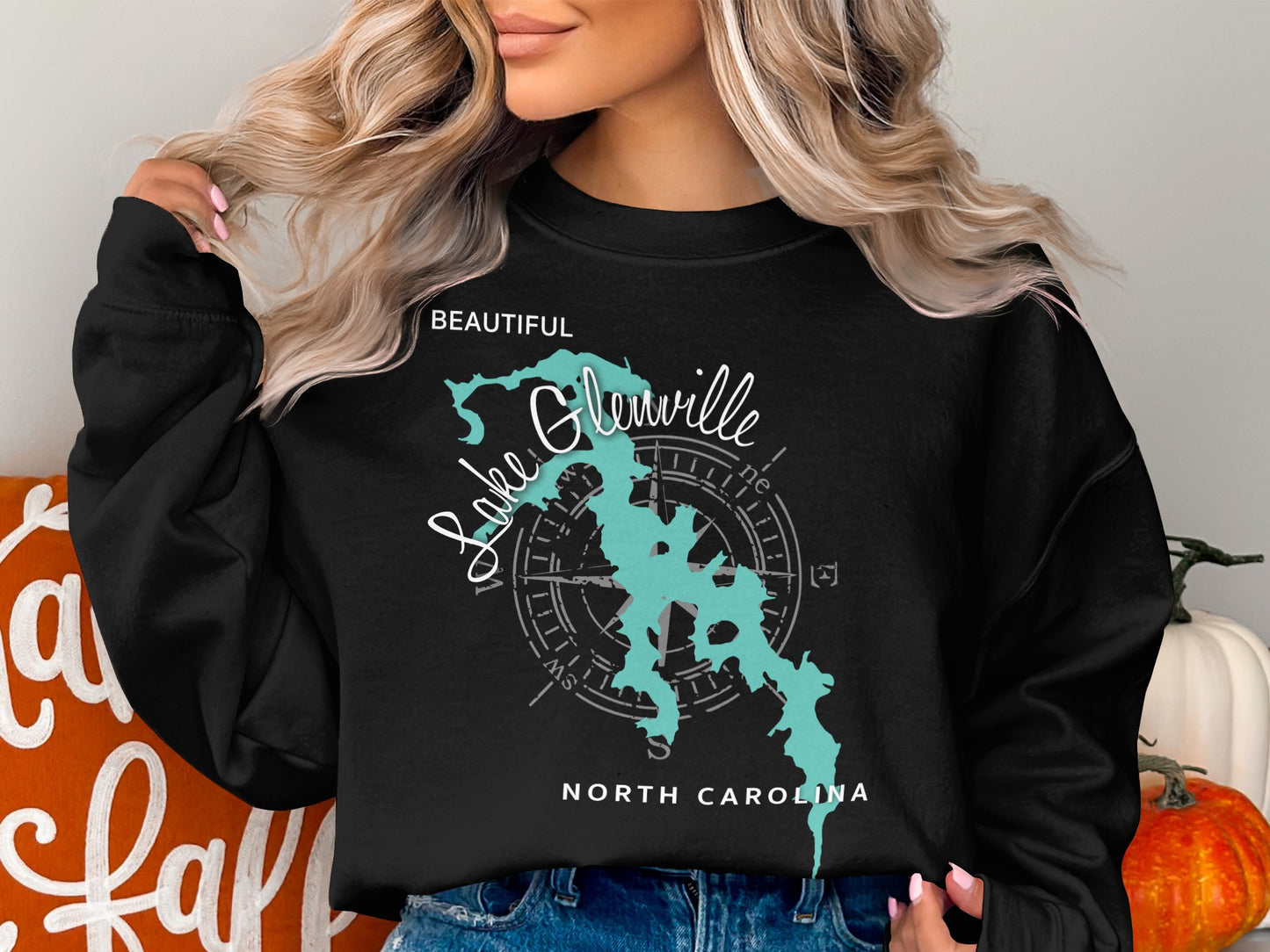 Black sweatshirt with Lake Glenville, North Carolina map and compass design.