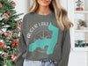 Gray sweatshirt with Augur Lake map and compass graphic, New York text.