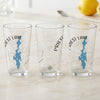 Three clear glasses each with a blue map of Priest Lake, Idaho.