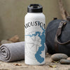 White water bottle with "HOUSTON" text and a blue map overlay on a compass design.